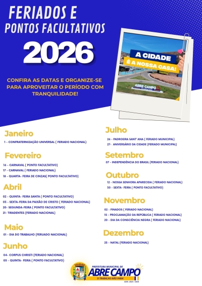 CALEND&Aacute;RIO MUNICIPAL FERIADOS E PONTOS FACULTATIVOS